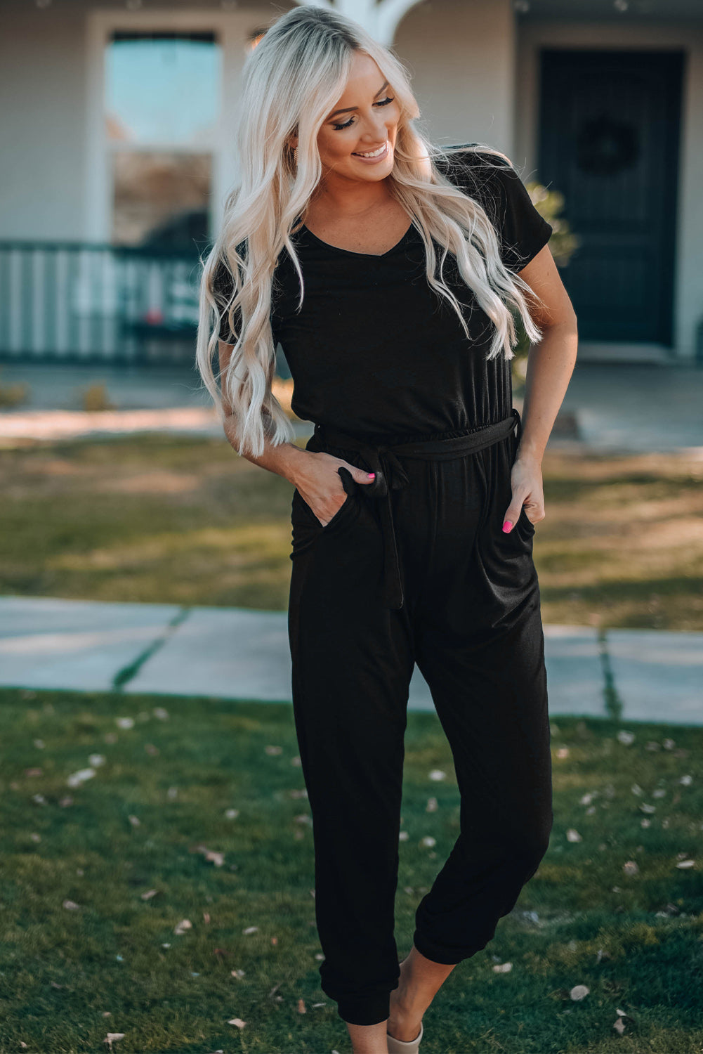Belted V-Neck Jogger Jumpsuit (Mommy and Me Set)