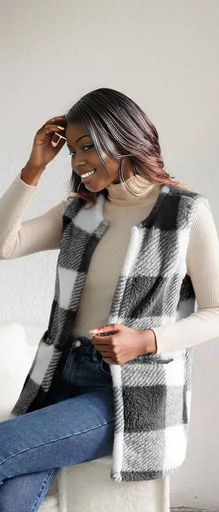 Sherpa Plaid Open Front Vest Coat