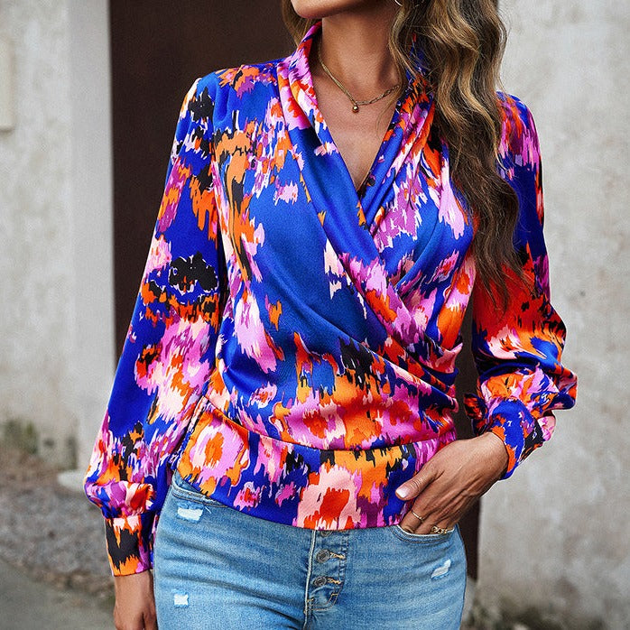 Printed Surplice Neck Long Sleeve Blouse