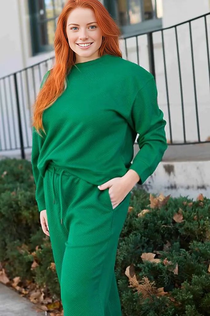 Double Take Full Size Textured Long Sleeve Top and Drawstring Pants Set