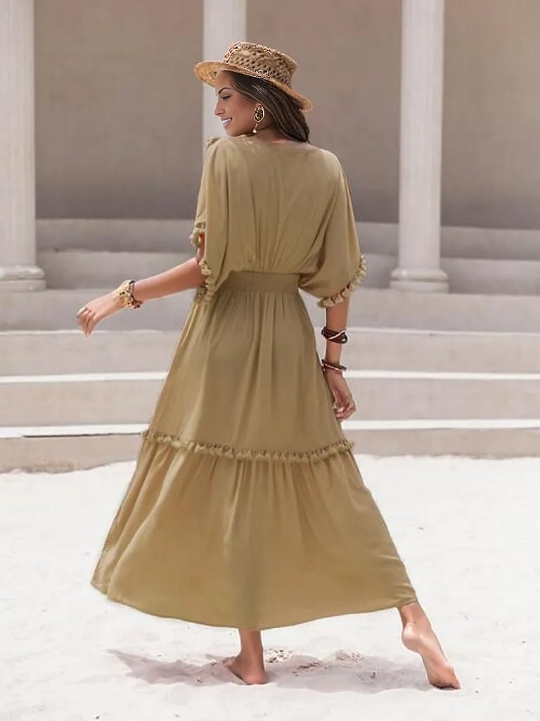 Tassel Trim Smocked V-Neck Short Sleeve Dress