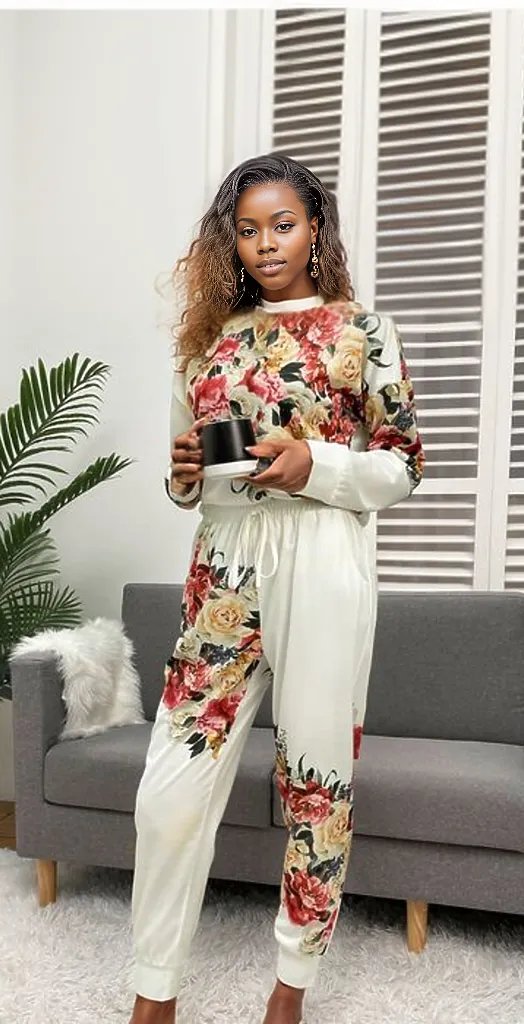 Printed Round Neck Top and Drawstring Pants Lounge Set