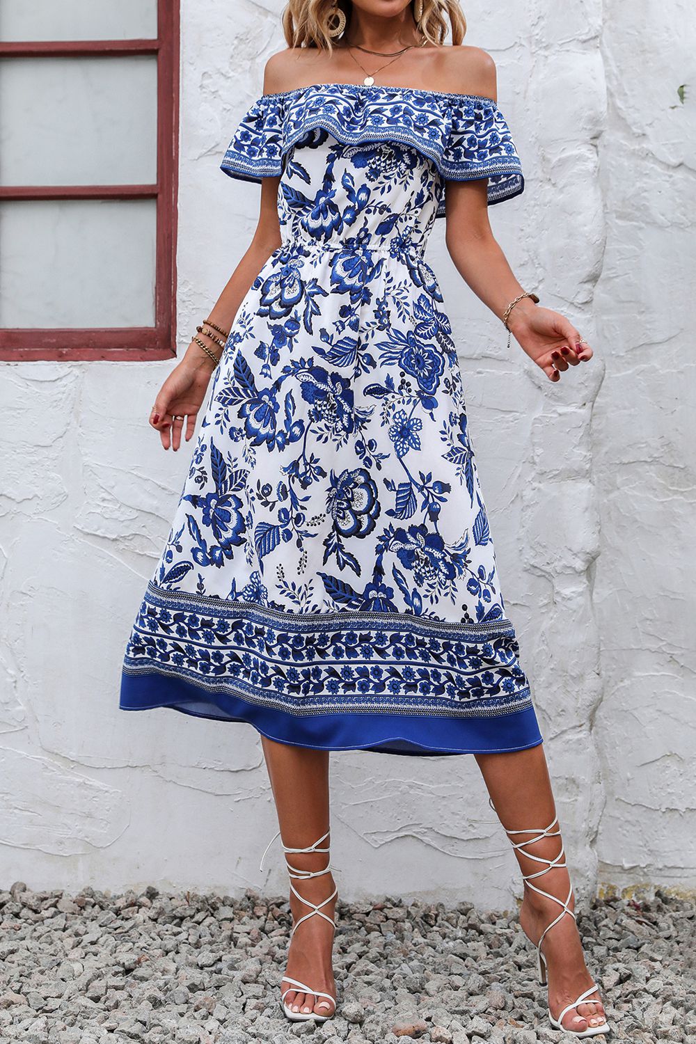 Floral Print Off Shoulder Short Sleeve Midi Dress
