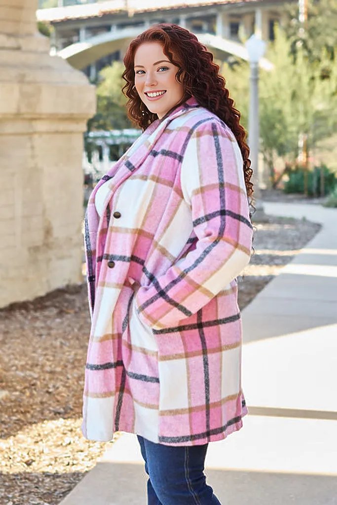 Double Take Full Size Plaid Button Up Lapel Collar Coat