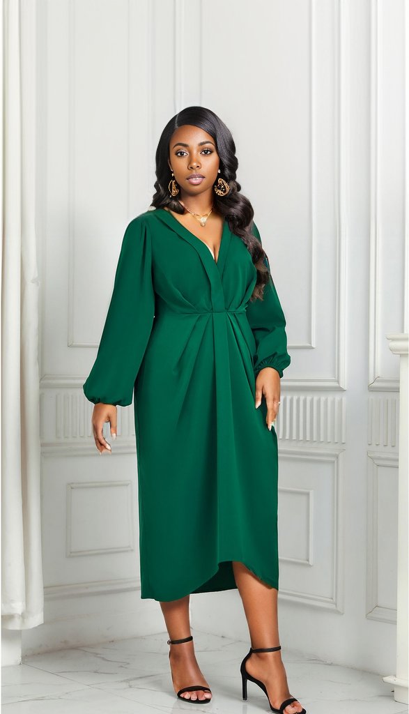 V-Neck Balloon Sleeve Midi Dress