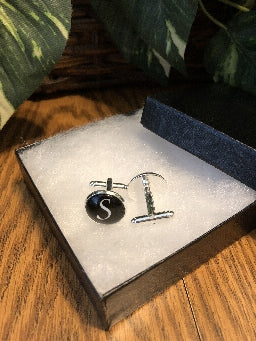 Men's Monogram / Initial Cuff Links - Black & Silver (A-Z)