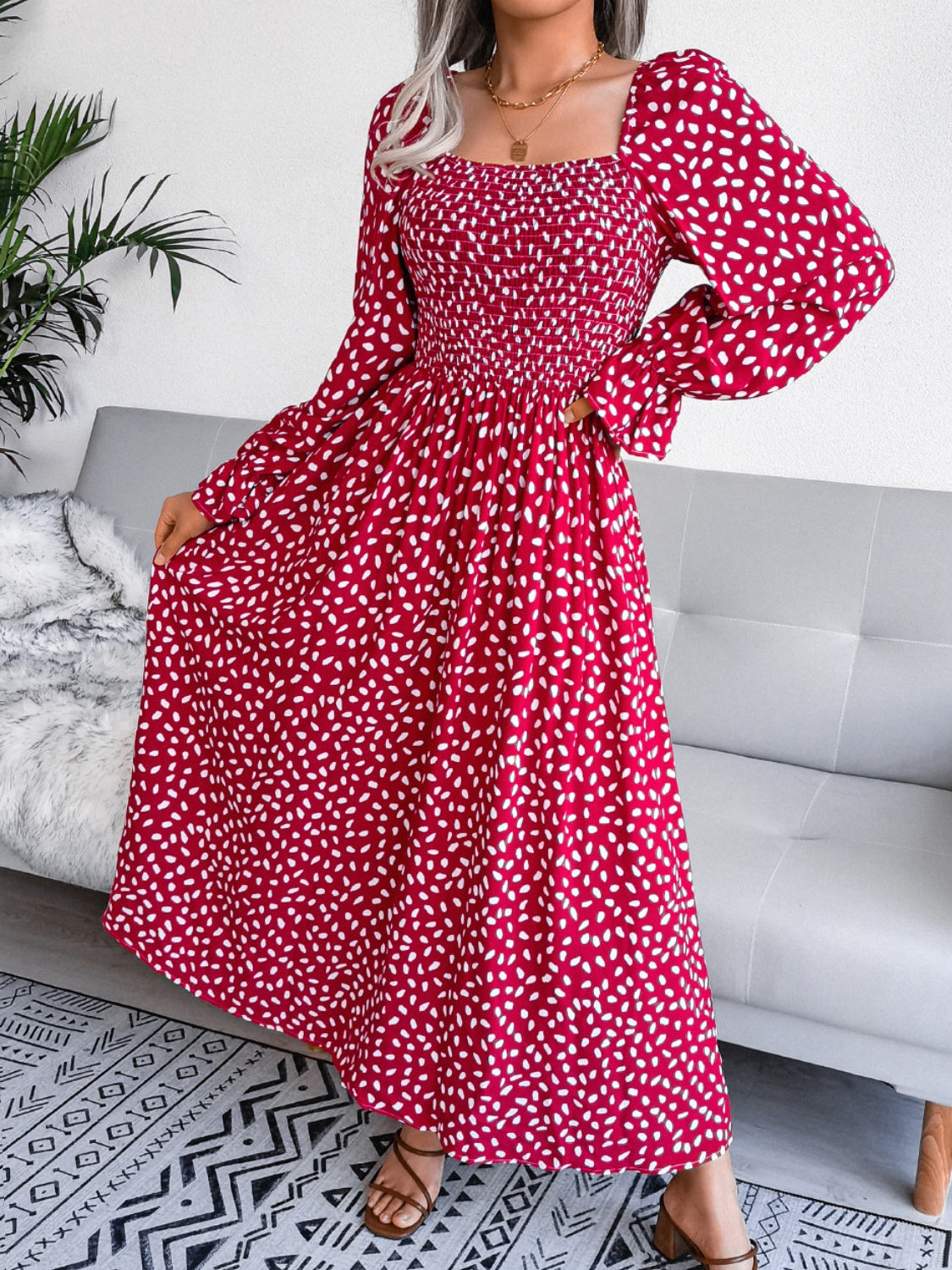 Smocked Square Neck Flounce Sleeve Dress - Three Color Choices