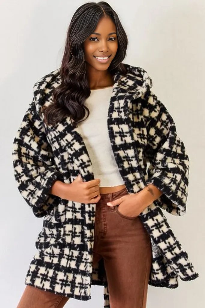 J.NNA Fuzzy Plaid Waist Tie Hooded Robe Cardigan