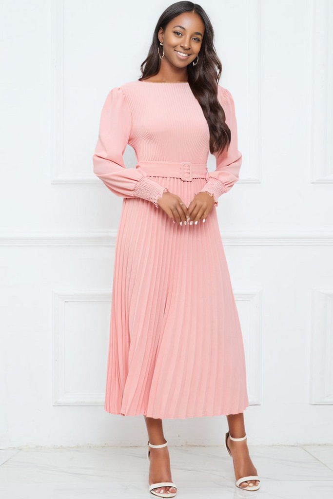 Round Neck Flounce Sleeve Pleated Dress