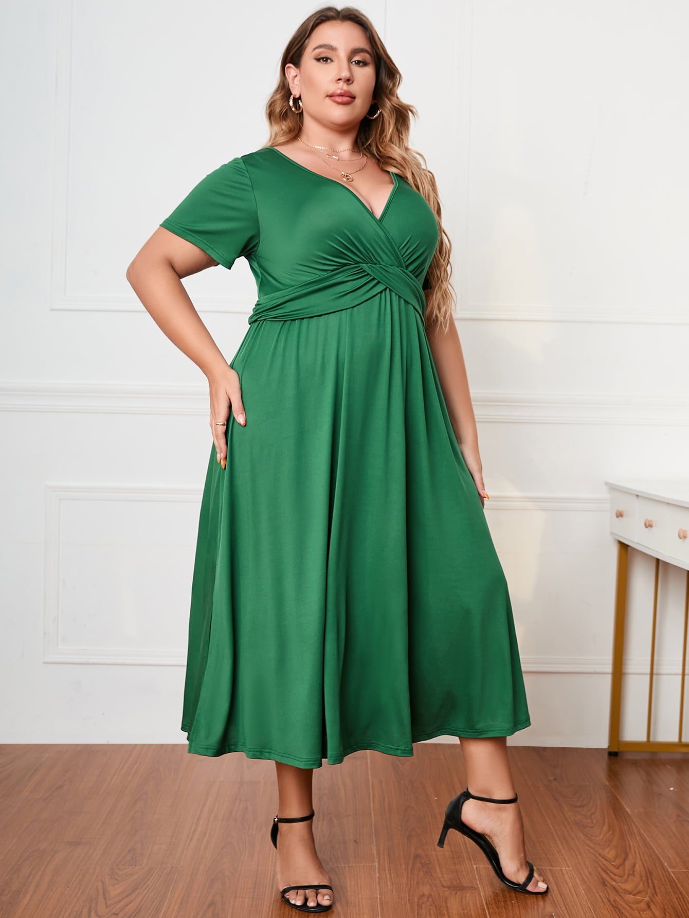 Uylees Boutique Plus Size Short Sleeve Surplice Neck Midi Dress