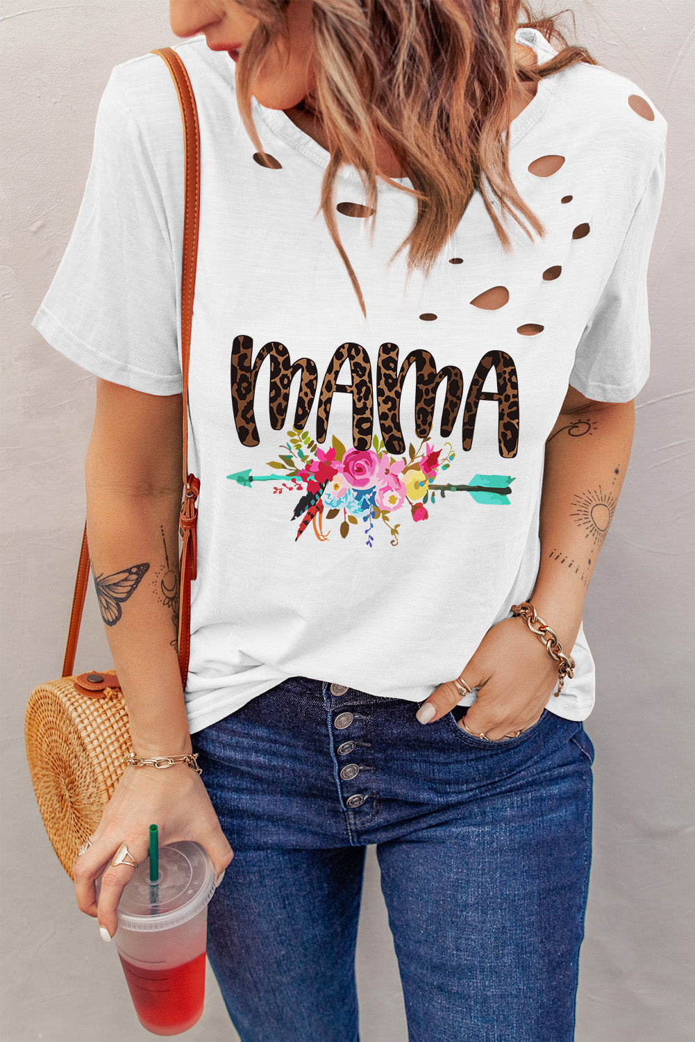MAMA グラフィック ディストレスト ラウンドネック T シャツ