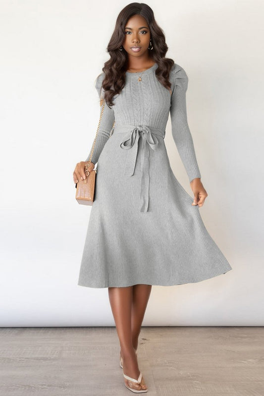 Round Neck Long Sleeve Tie Waist Sweater Dress
