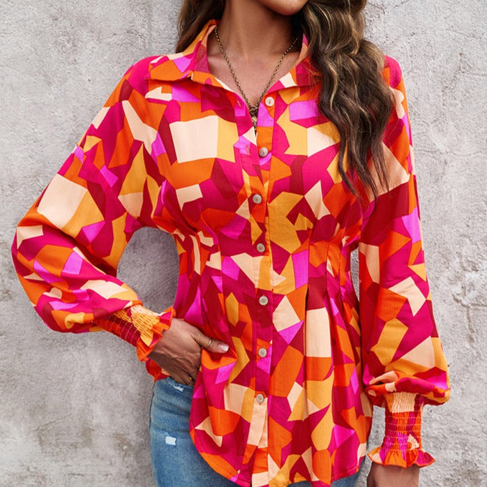 Printed Button-Up Lantern Sleeve Shirt