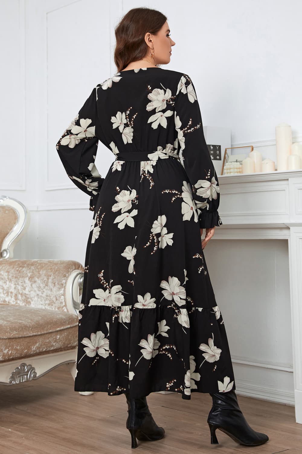 Plus Size Floral Surplice Neck Flounce Sleeve Dress