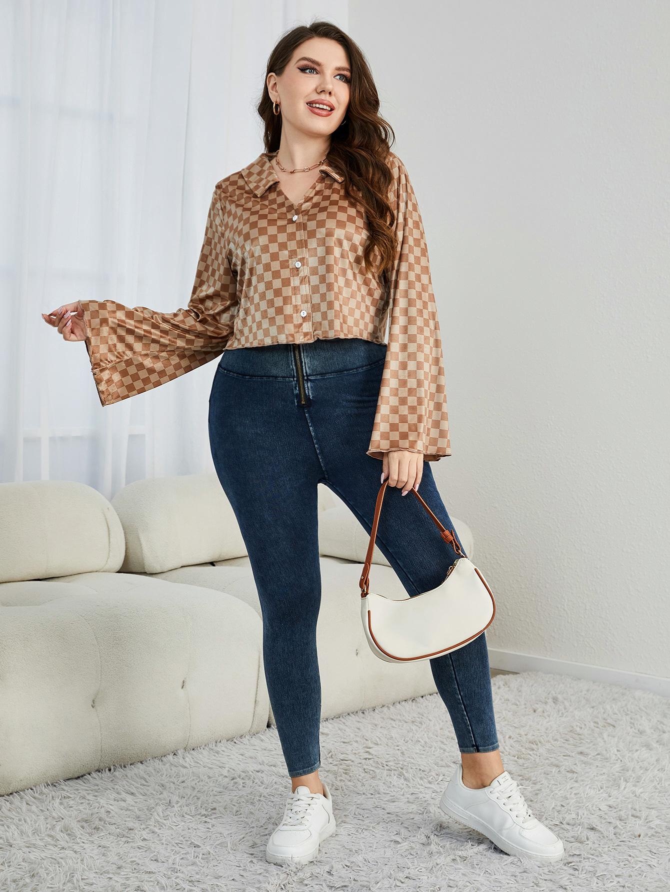 Uylee's Boutique Plus Size Checkered Johnny Collar Flare Sleeve Shirt