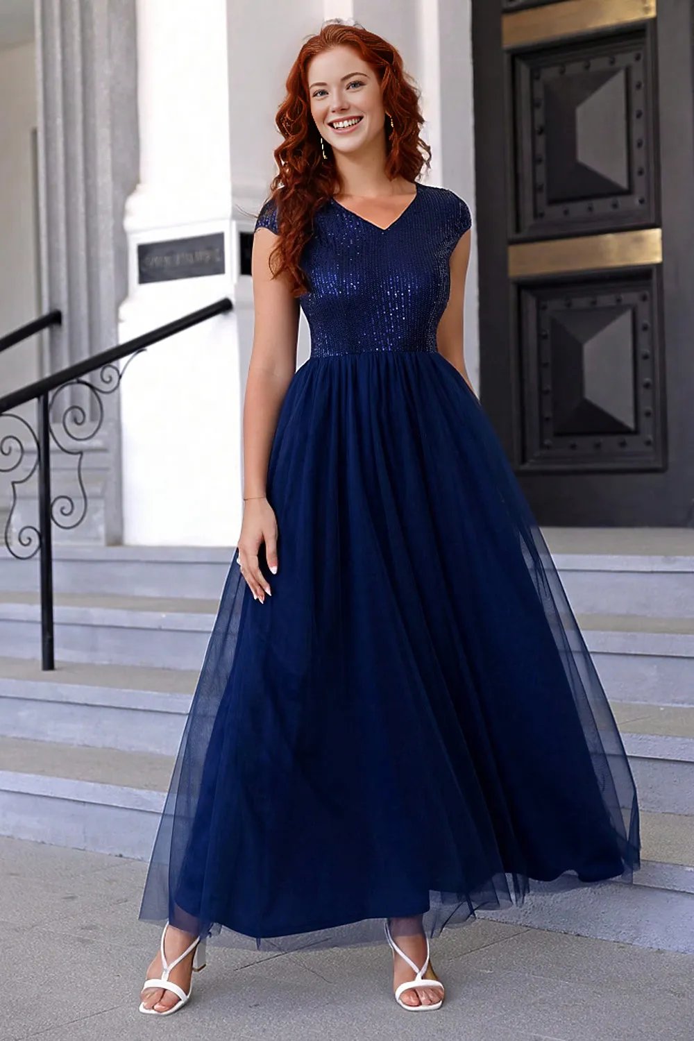 Sequin V-Neck Mesh Maxi Dress