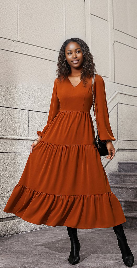 V-Neck Long Sleeve Tiered Dress