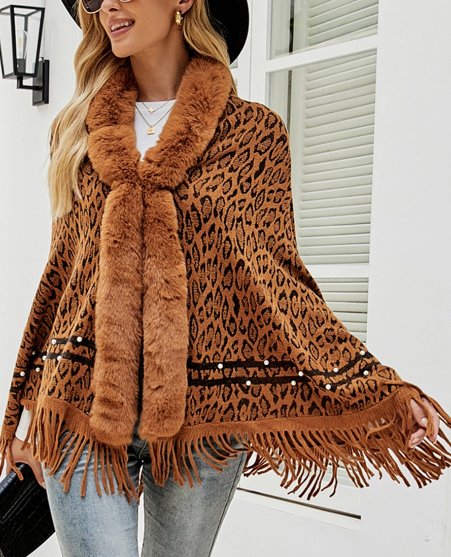 Leopard Fringe Hem Poncho
