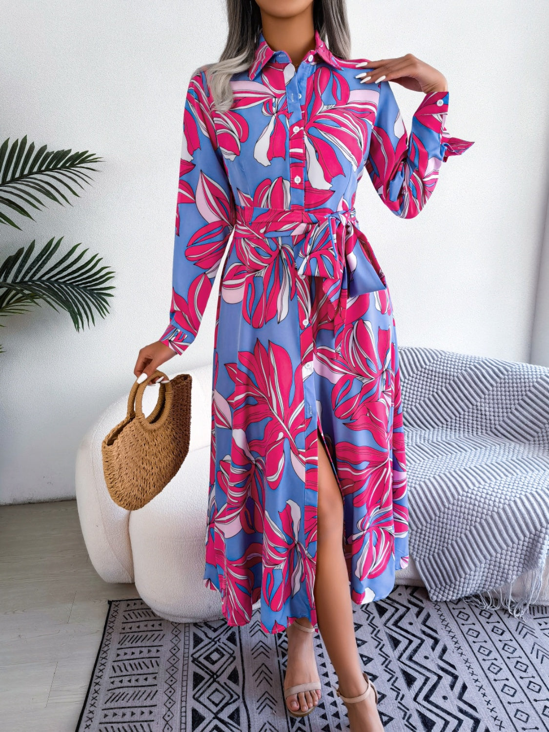 Tied Button Up Long Sleeve Dress - Three Color Choices