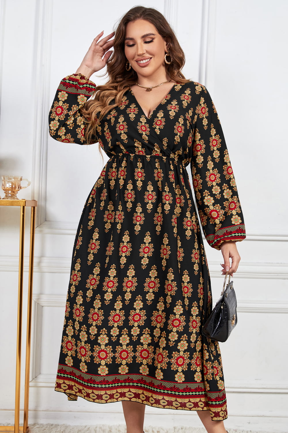 Plus Size Printed Surplice Neck Balloon Sleeve Midi Dress