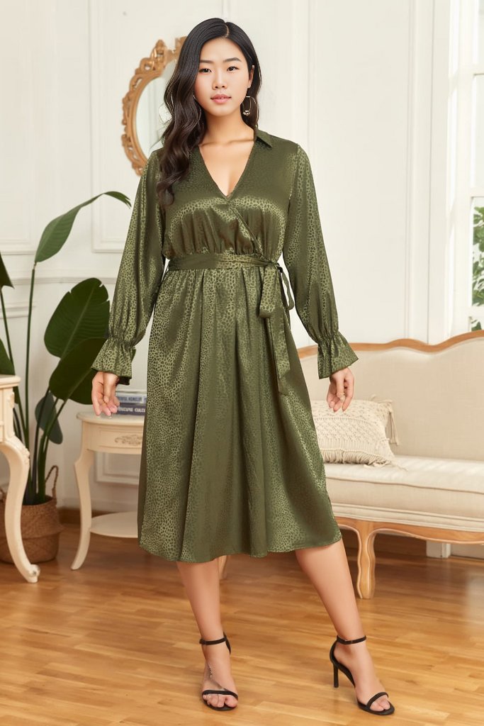 Plus Size Surplice Neck Tie Belt Flounce Sleeve Midi Dress
