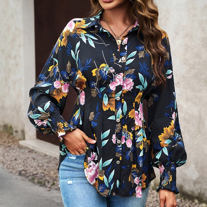 Printed Button-Up Lantern Sleeve Shirt