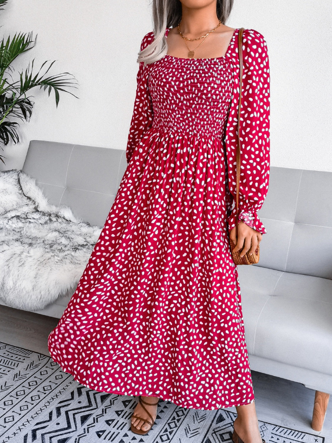 Smocked Square Neck Flounce Sleeve Dress - Three Color Choices