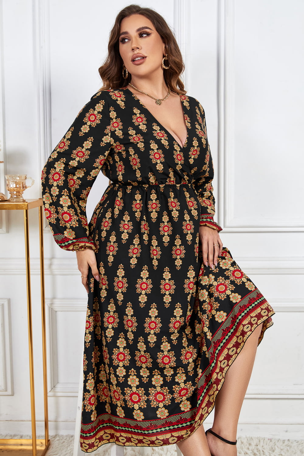 Plus Size Printed Surplice Neck Balloon Sleeve Midi Dress