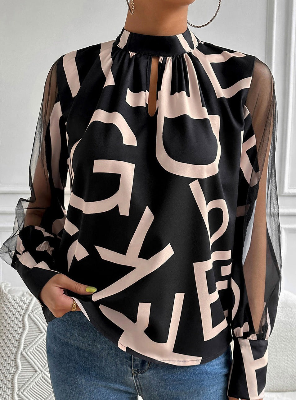 Printed Spliced Mesh Sleeve Blouse