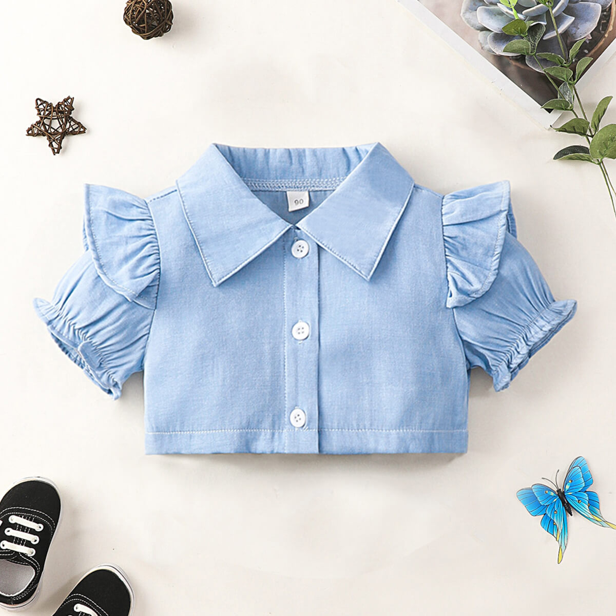 Uylee’s Boutique Ruffle Shoulder Shirt and Butterfly Applique Skirt Set
