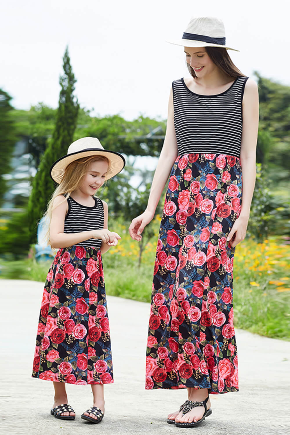Mommy and Me Striped Floral Spliced Dress - Mom Size Dress, Sizes Small - XLarge