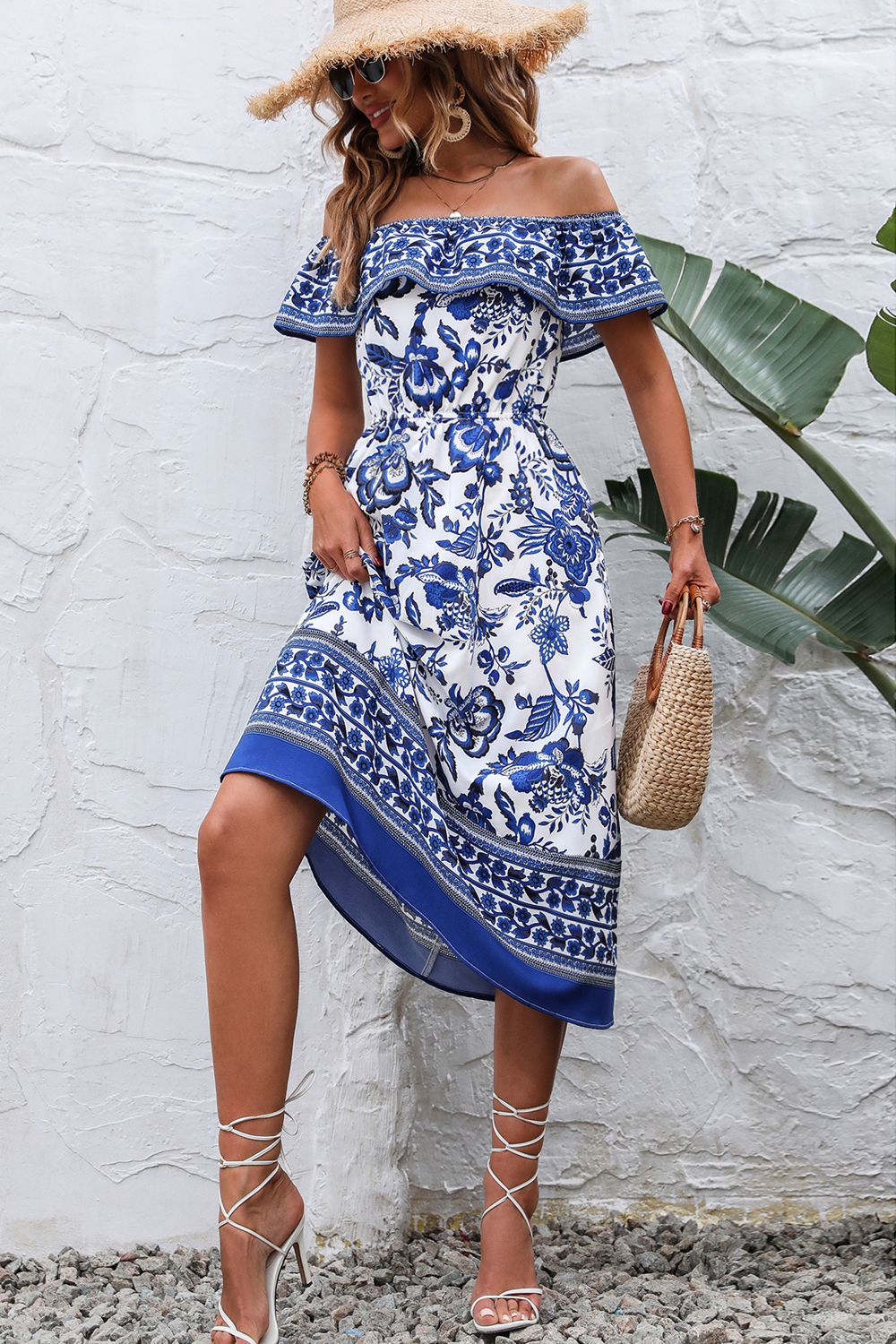 Floral Print Off Shoulder Short Sleeve Midi Dress