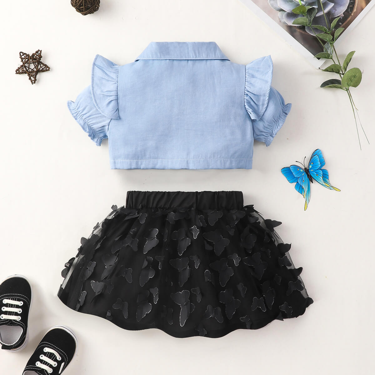 Uylee’s Boutique Ruffle Shoulder Shirt and Butterfly Applique Skirt Set