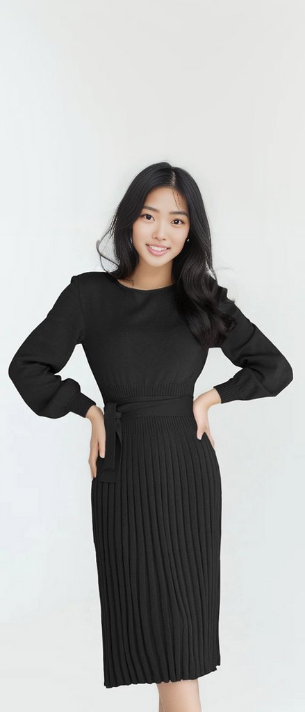 Round Neck Long Sleeve Pleated Sweater Dress