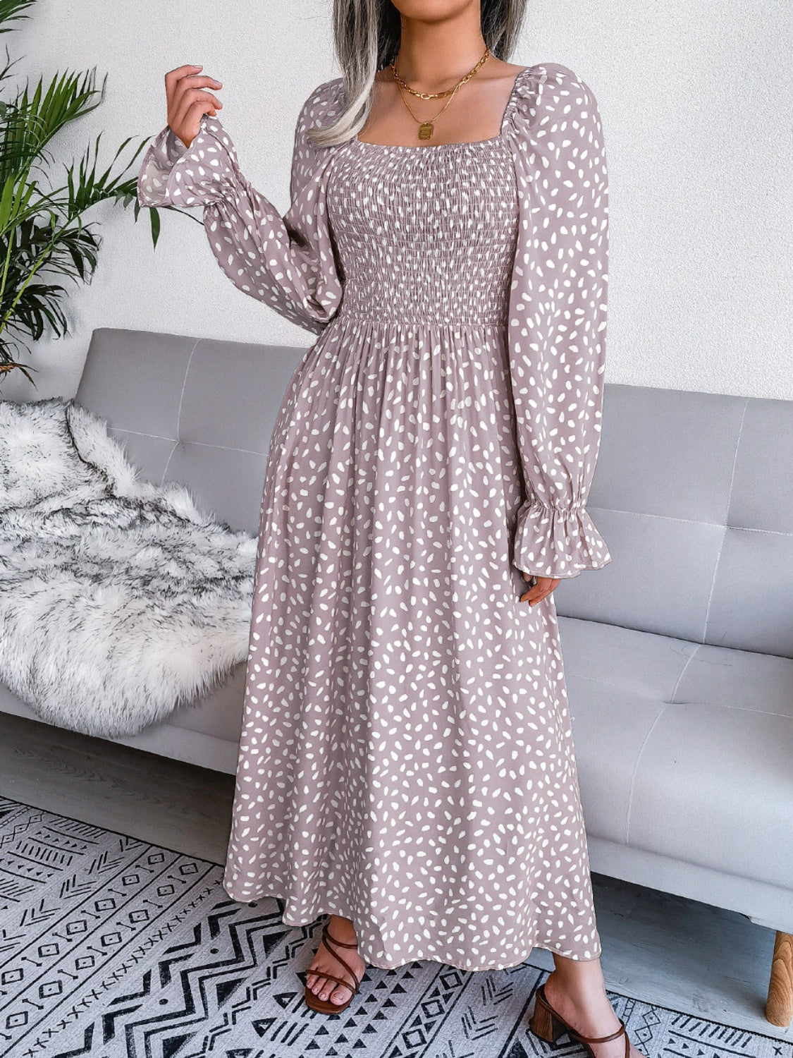 Smocked Square Neck Flounce Sleeve Dress - Three Color Choices