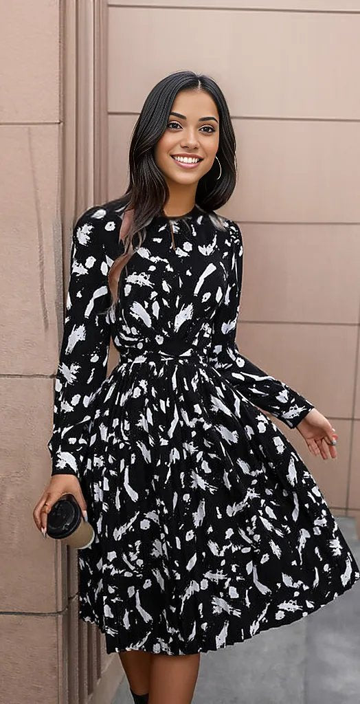 Printed Tie Back Long Sleeve Dress