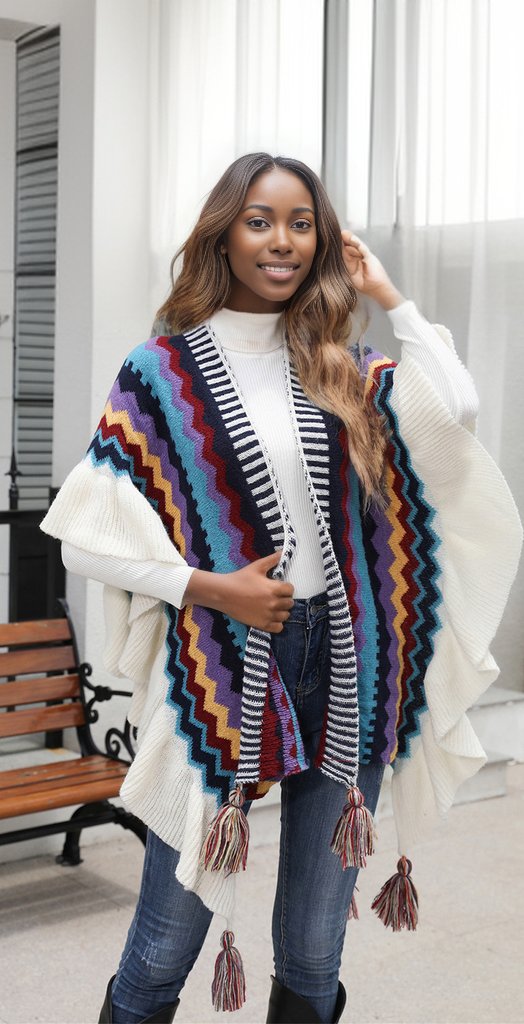 Striped Open Front Poncho with Tassels
