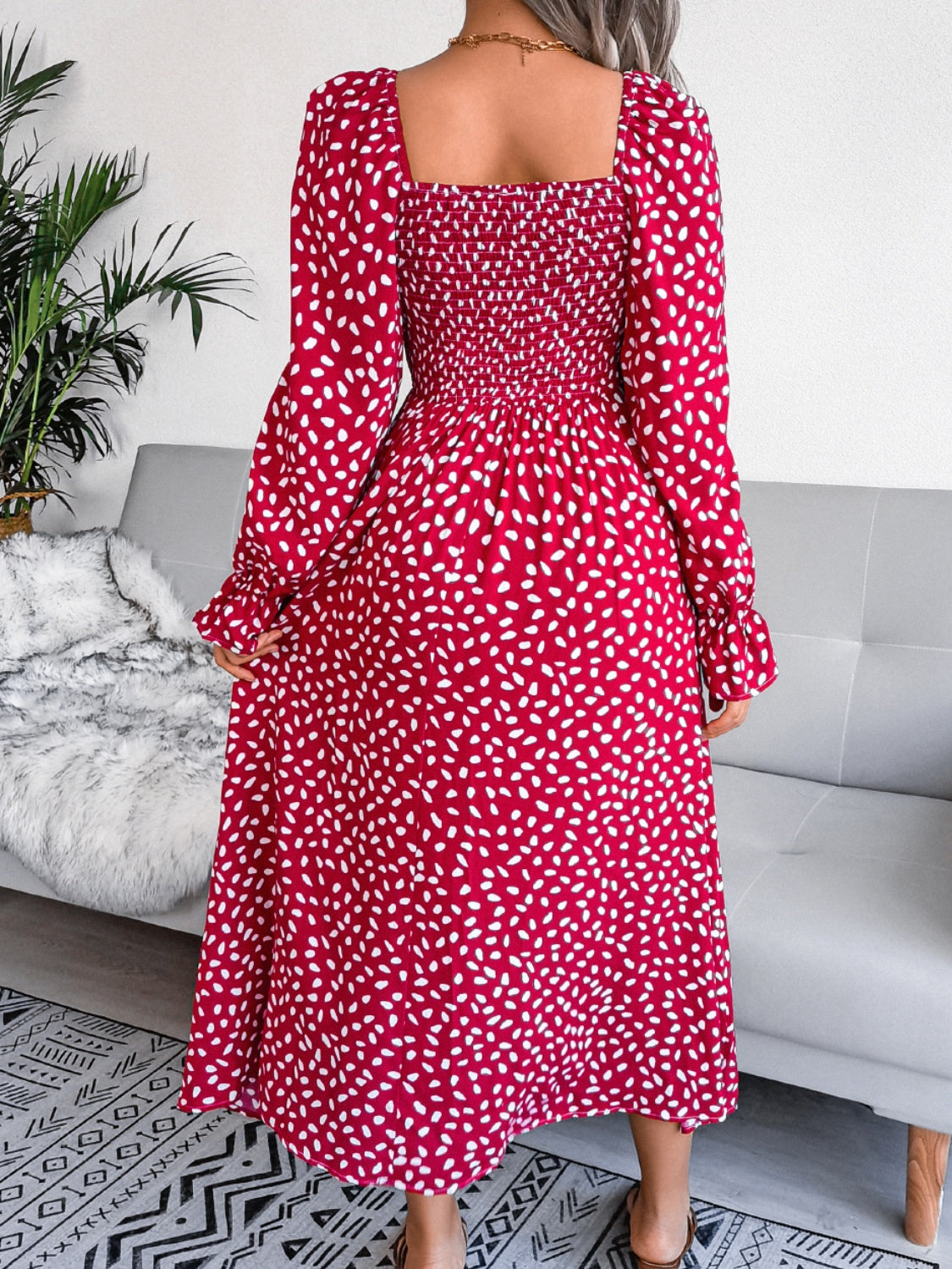 Smocked Square Neck Flounce Sleeve Dress - Three Color Choices