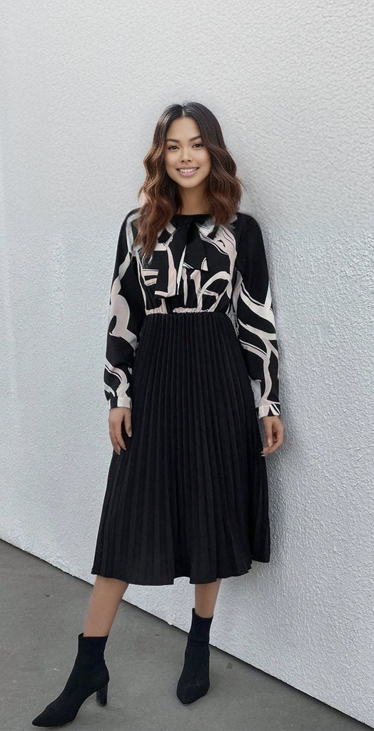 Tie Neck Long Sleeve Pleated Dress