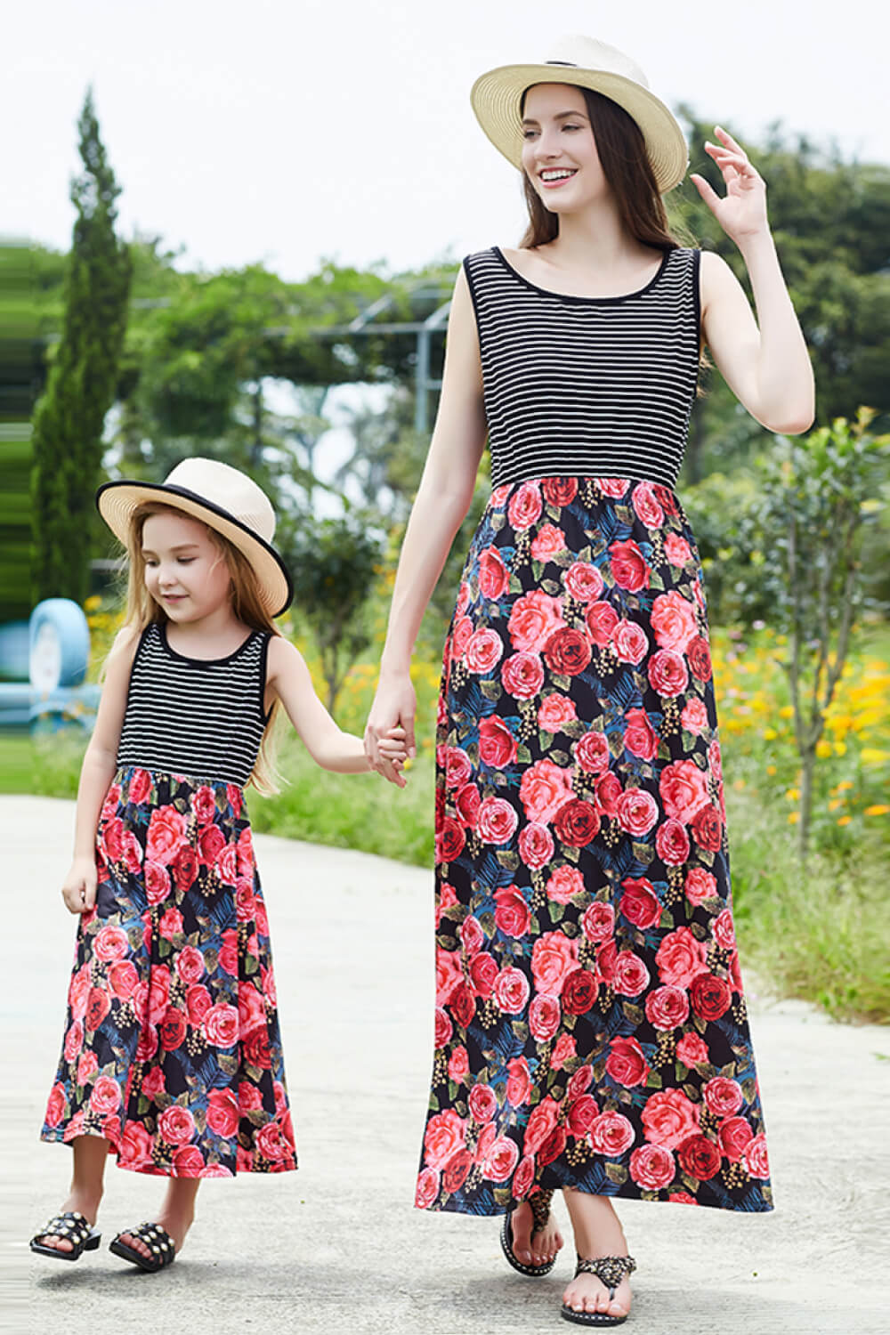 Mommy and Me Striped Floral Spliced Dress - Mom Size Dress, Sizes Small - XLarge