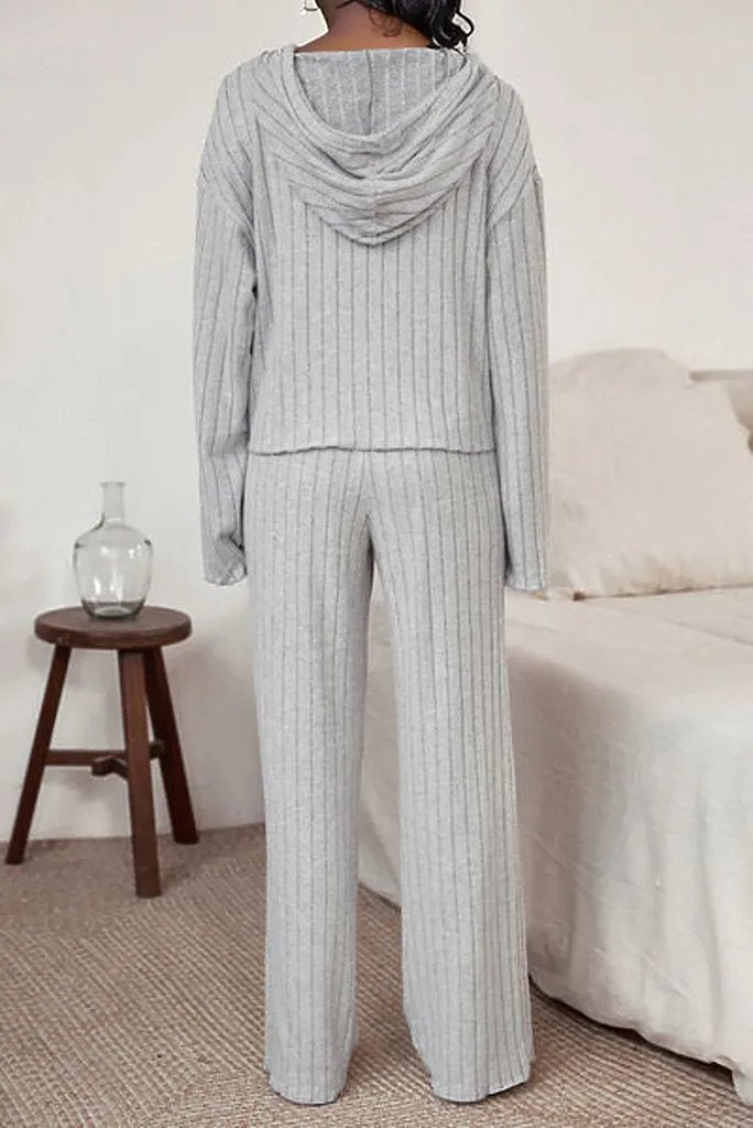 Ribbed Drawstring Hoodie and Pants Lounge Set