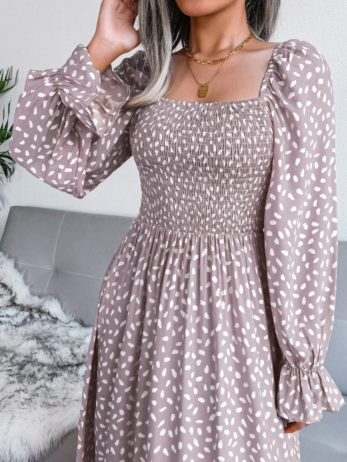 Smocked Square Neck Flounce Sleeve Dress - Three Color Choices