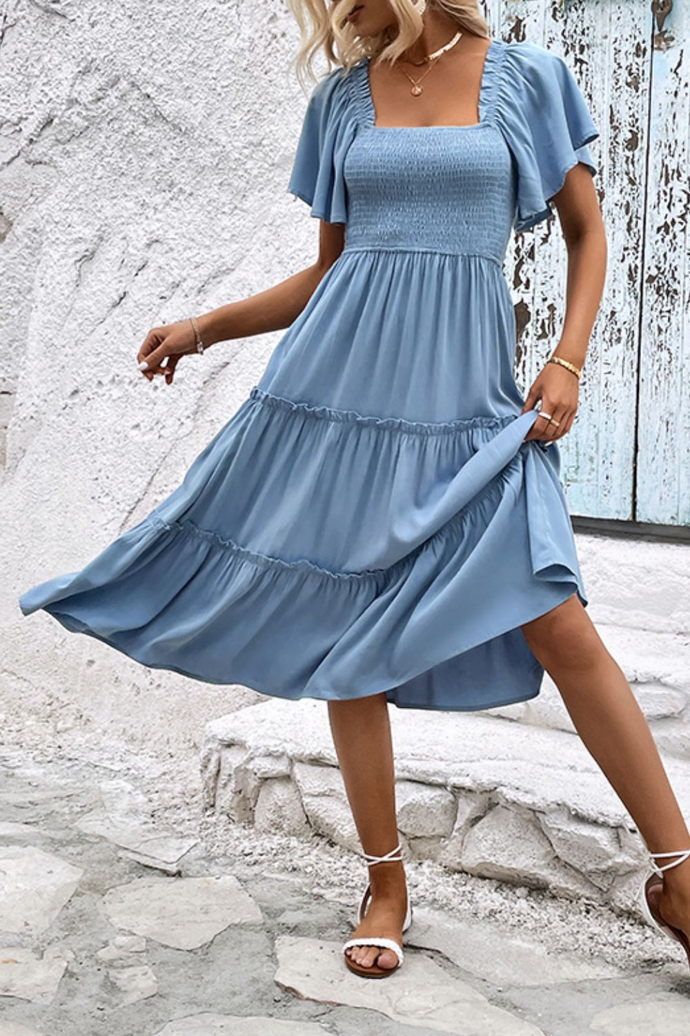 Uylee's Boutique Smocked Square Neck Frill Trim Dress