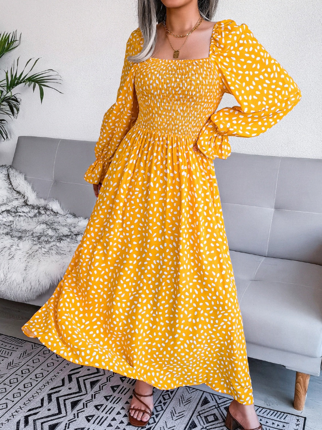 Smocked Square Neck Flounce Sleeve Dress - Three Color Choices