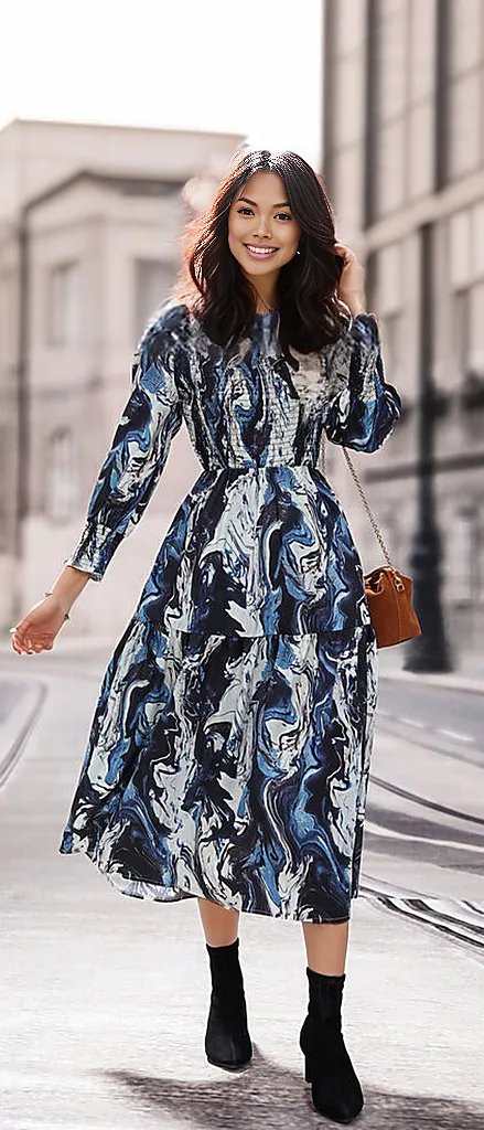 Printed Smocked Ruffle Hem Dress