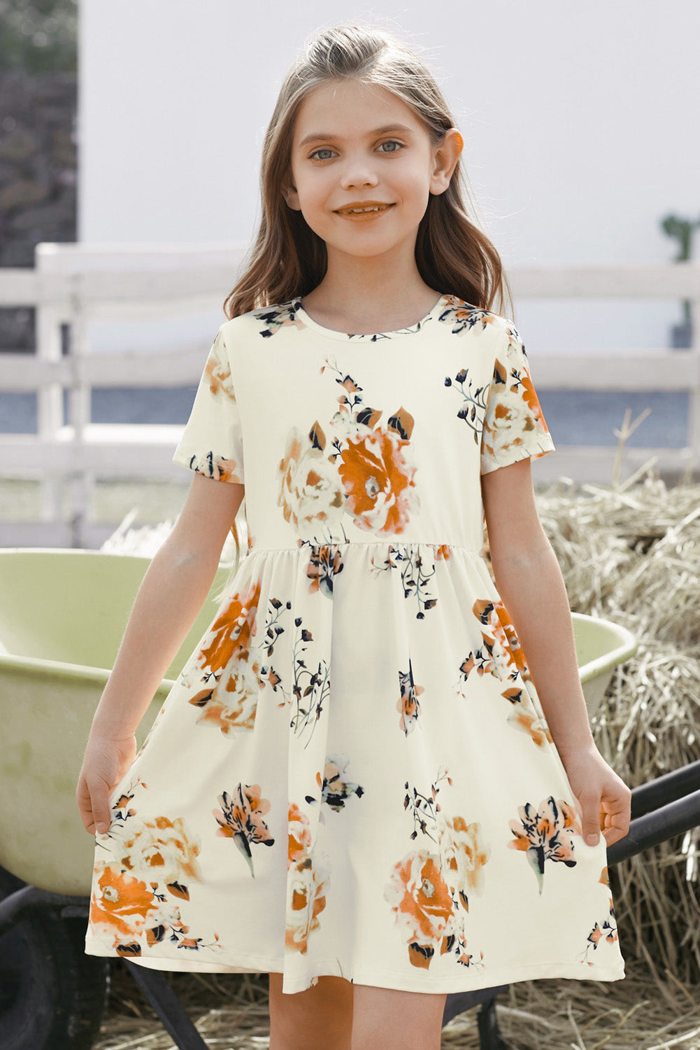 Girls Floral Short Sleeve Round Neck Dress, Sizes 4T - 12