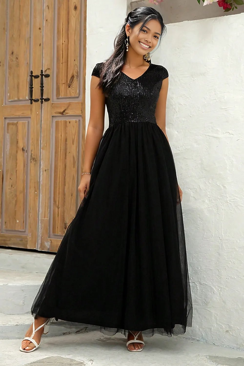 Sequin V-Neck Mesh Maxi Dress