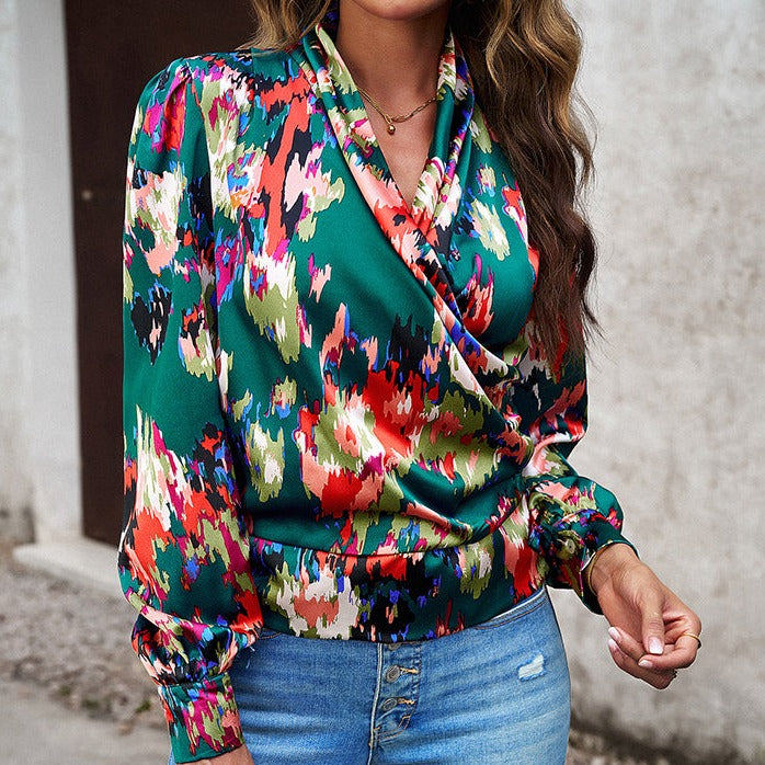 Printed Surplice Neck Long Sleeve Blouse