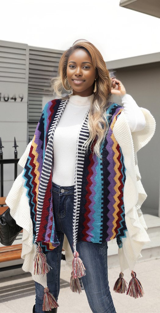 Striped Open Front Poncho with Tassels