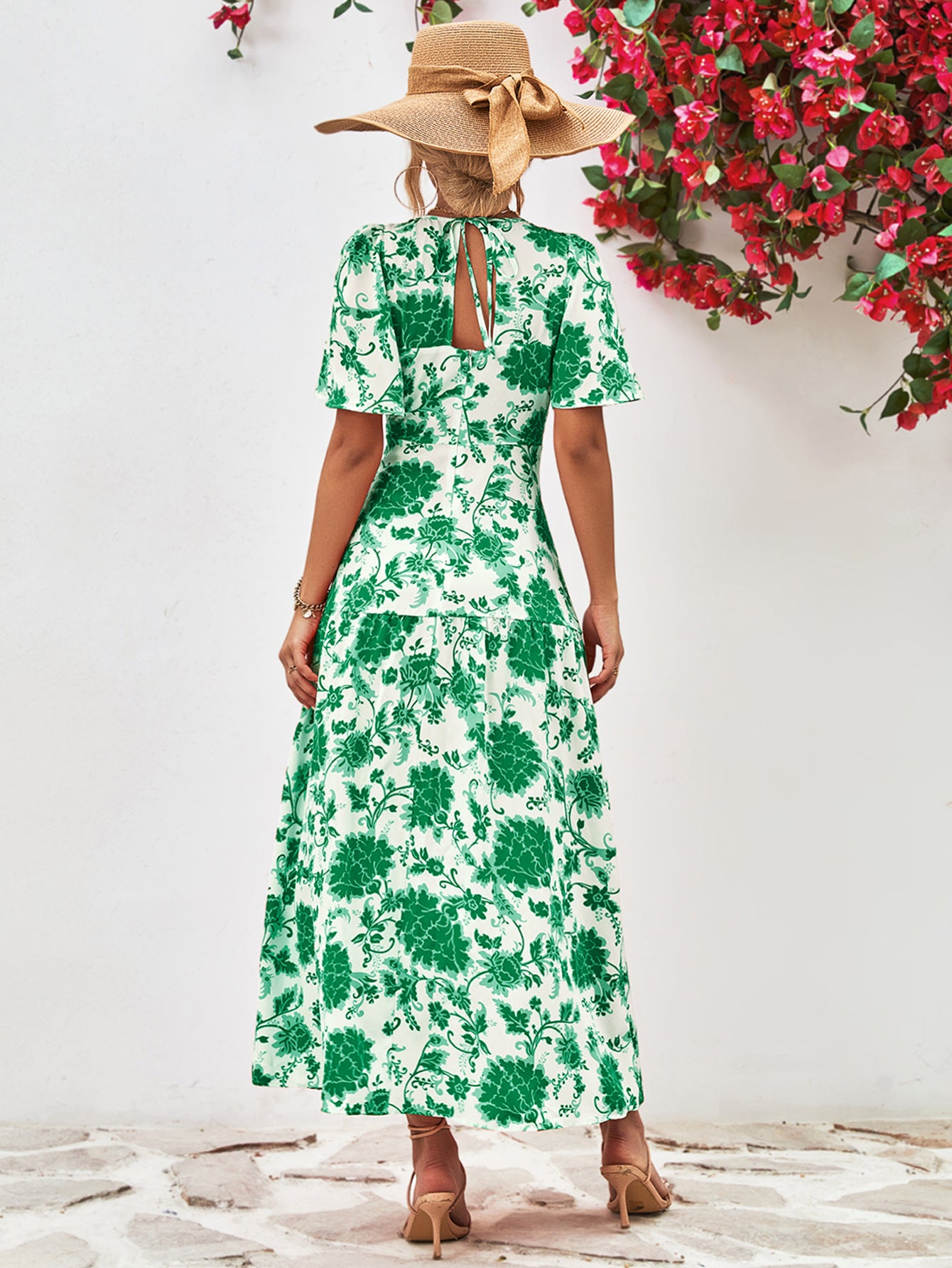 Uylee’s Boutique Floral Round Neck Tied Open Back Dress